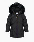 Appaman girls' black longline puffer coat with faux fur hood, front view.