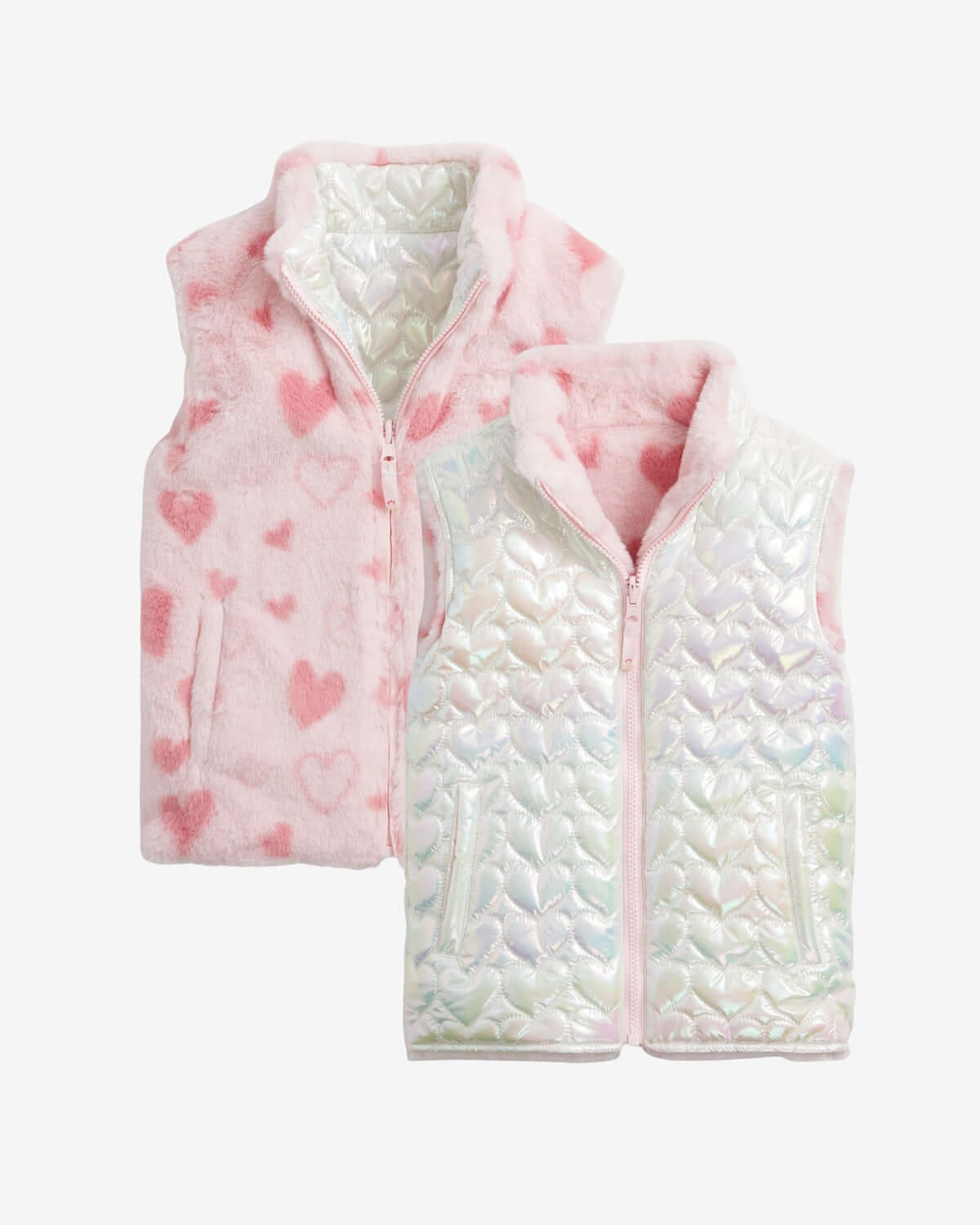 Pink Hearts Girls Reversible Vest showcasing shiny metallic and fuzzy pink hearts design.