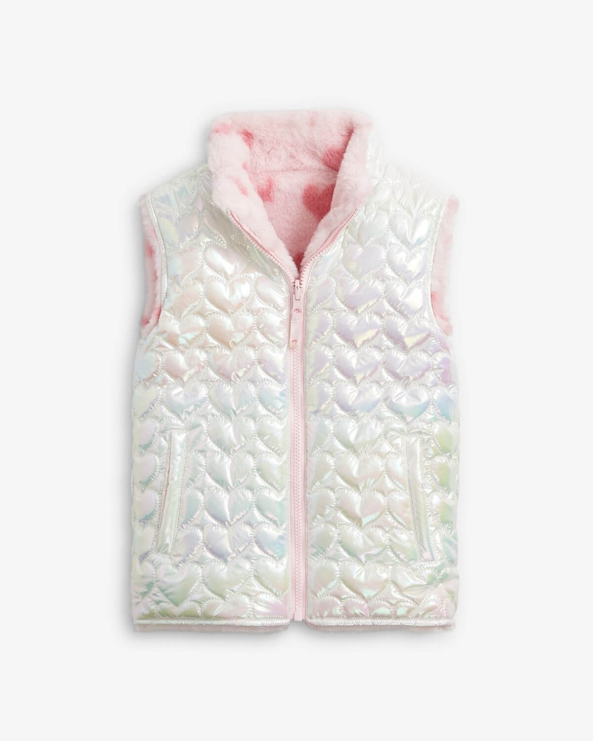 Pink Hearts Girls Reversible Vest with shiny metallic hearts and soft fuzzy pink lining.