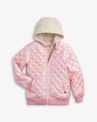 Pink Shine Bomber Jacket, shiny pink quilted design with cozy oatmeal hood, perfect for kids' stylish outfits.