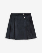 Midnight Velvet Plaid Pleated Skirt featuring rhinestone buttons and elegant pleats.