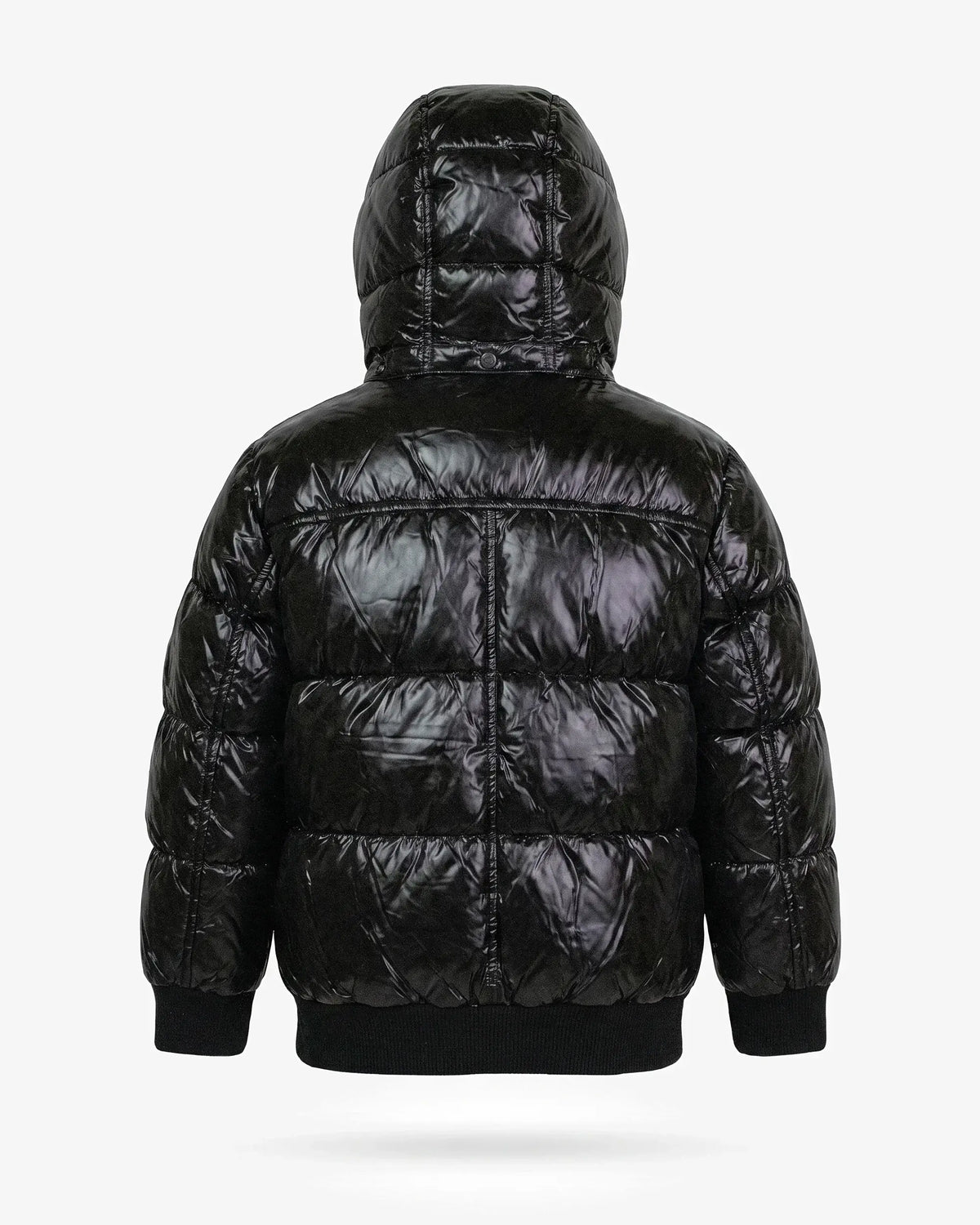 Back view of the Kids Black Glitter Puffy Coat showcasing its shiny black finish and cozy puffer design.