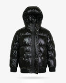 Black Glitter Puffy Coat for kids featuring a shiny black glitter finish and cozy design, perfect for chilly weather.