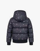 Appaman girls' black star print puffer bomber jacket, back view.