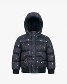 Appaman girls' black star print puffer bomber jacket, front view.