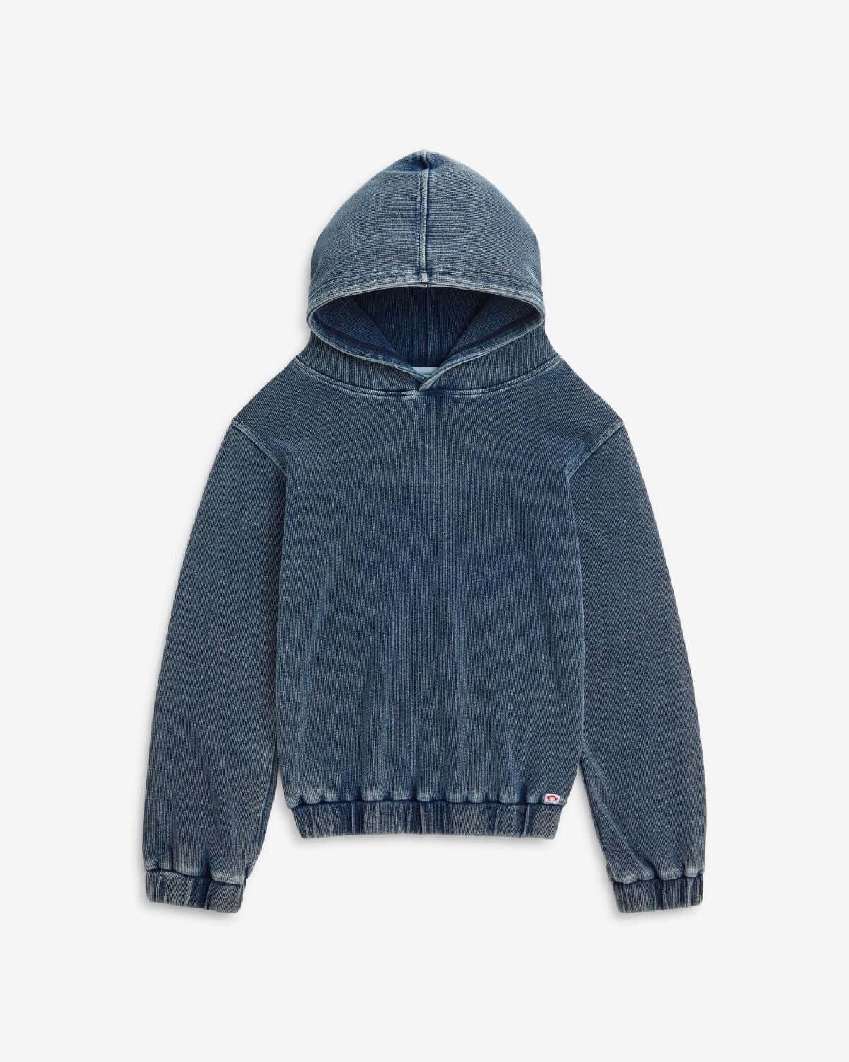 Dusk Blue Pullover Hoodie displayed flat, showcasing its soft denim-inspired fabric and cozy design.