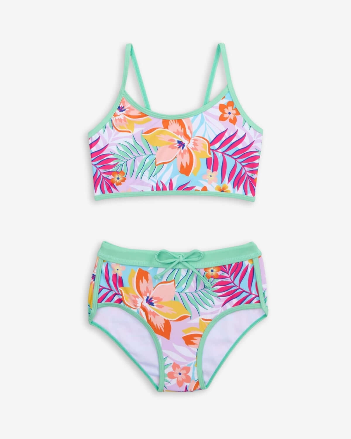Retro Tropics Stella Bikini in vibrant floral design with green accents, perfect for beach days and poolside fun.