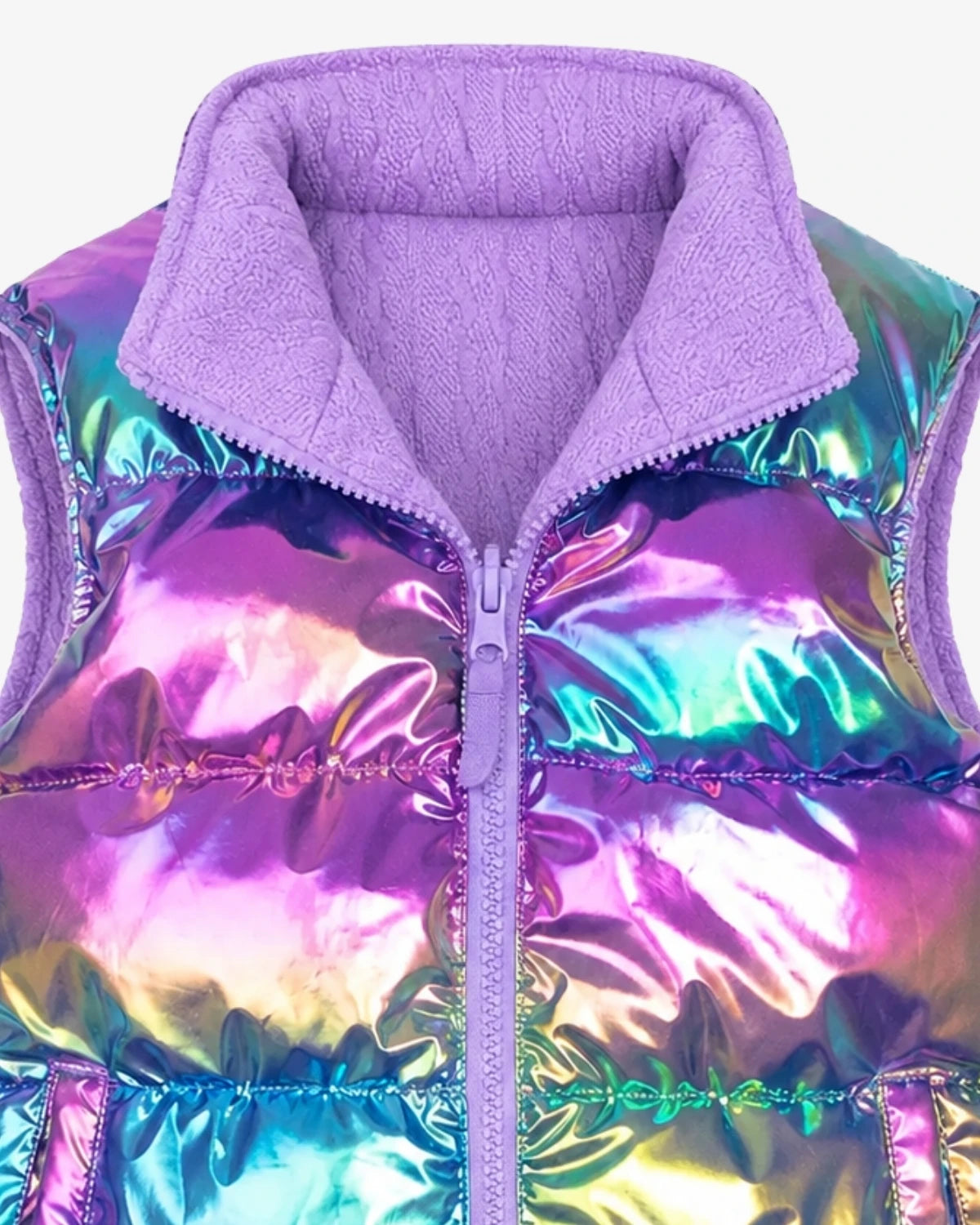 Appaman girls' reversible puffer vest iridescent collar, close-up detail view.