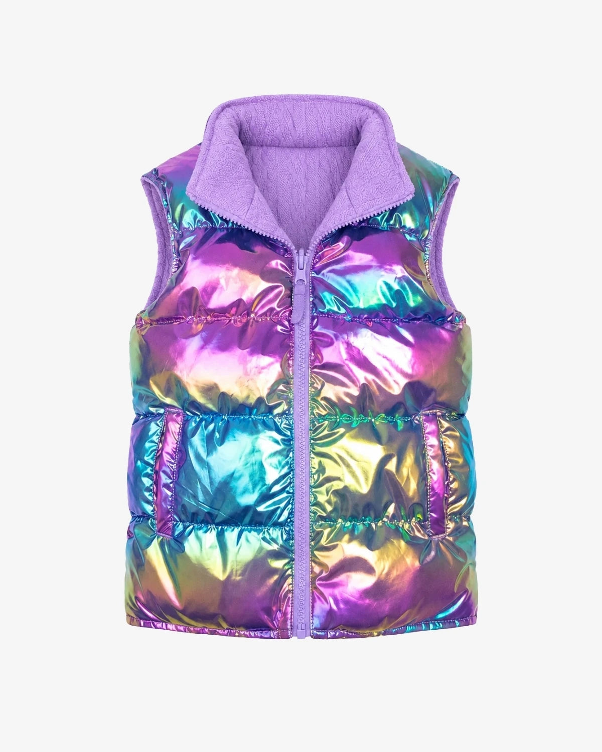 Appaman girls' reversible puffer vest iridescent, front view.