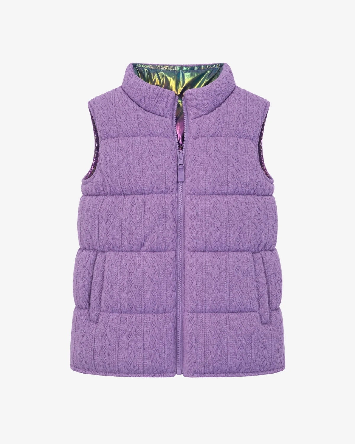Appaman girls' reversible puffer vest purple cable knit, front view.