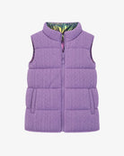 Appaman girls' reversible puffer vest purple cable knit, front view.