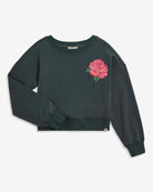 Rose Lisa Cropped Sweatshirt featuring a pink rose detail on a dark green cropped sweatshirt.