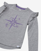 Heather Grey Ruffle Tee featuring playful ruffle sleeves and a star design, perfect for active girls.
