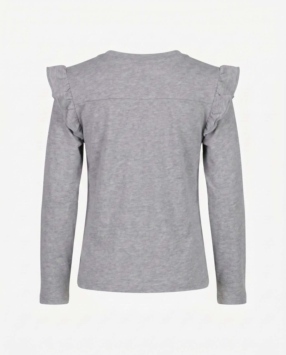 Back view of the Heather Grey Ruffle Tee showcasing soft fabric and ruffle detailing for active girls.
