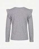 Back view of the Heather Grey Ruffle Tee showcasing soft fabric and ruffle detailing for active girls.