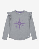 Heather Grey Ruffle Tee with purple star design and ruffle sleeves for active girls.