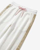 Cream Samantha Sweatpants with glitter side details and pink drawstring, perfect for active kids.