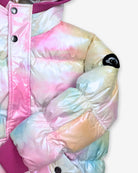 Iridescent Pink Slim Puffy Coat featuring a colorful gradient pattern and hooded design for warmth and style.