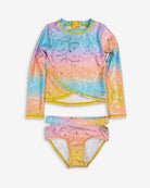 Summer Joy Oceana Bikini featuring a multicolored ombre rash guard and bikini bottoms with smiley faces.