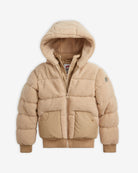 Beige Teddy Puffer Coat for kids featuring a plush hood and cozy sherpa lining.