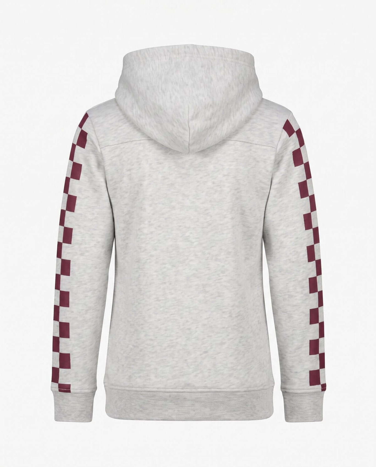 Back view of the Oatmeal Tunic Hoodie with burgundy checkered sleeves and adjustable drawcord hood.