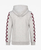 Back view of the Oatmeal Tunic Hoodie with burgundy checkered sleeves and adjustable drawcord hood.