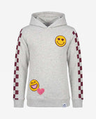Oatmeal Tunic Hoodie featuring playful emoji designs and checkered sleeves, perfect for active kids.