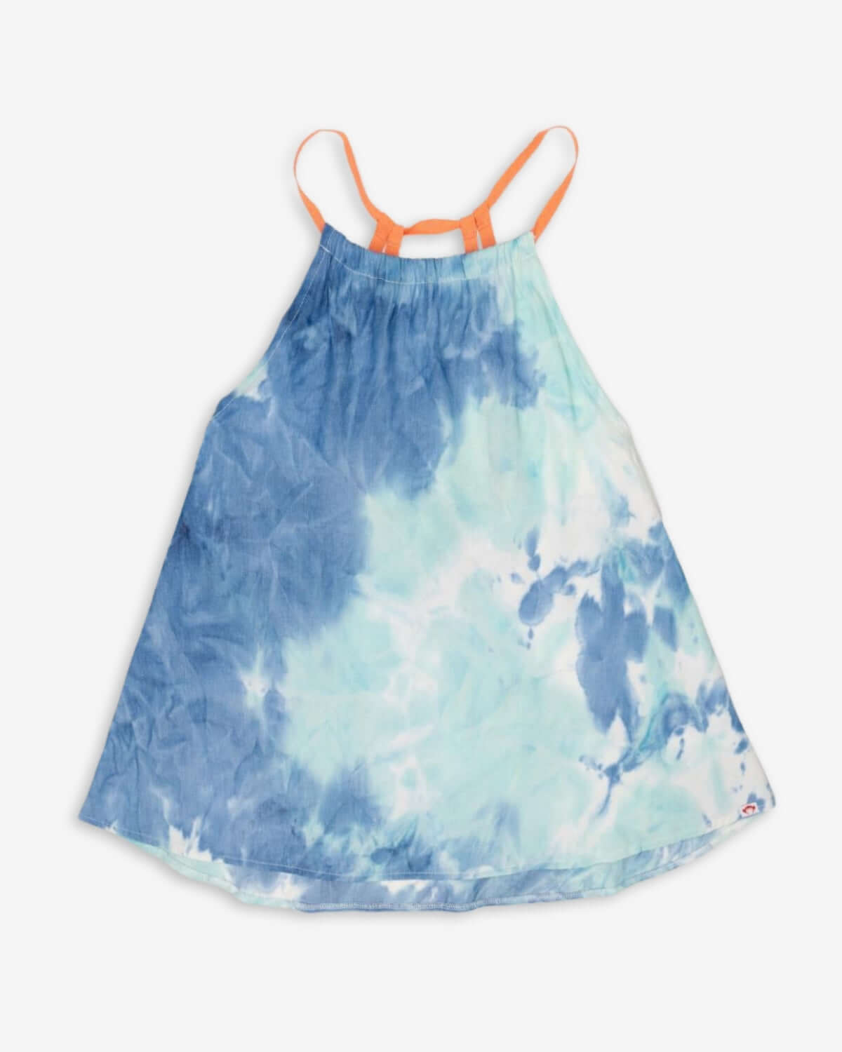 Turquoise Water Sanibel Tank in blue and turquoise tie-dye with orange straps, perfect for summer wear.