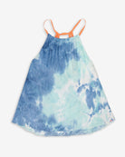 Turquoise Water Sanibel Tank in blue and turquoise tie-dye with orange straps, perfect for summer wear.
