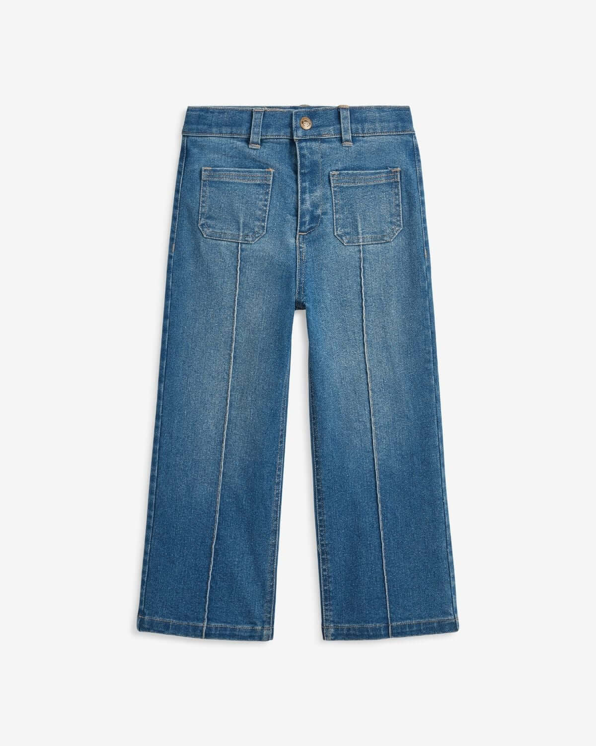 Medium Wash Wide Leg Jeans with adjustable waist and pockets for kids.