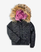 Black Wilderness Jacket with heart quilting and pink faux fur lining, featuring a detachable hood.