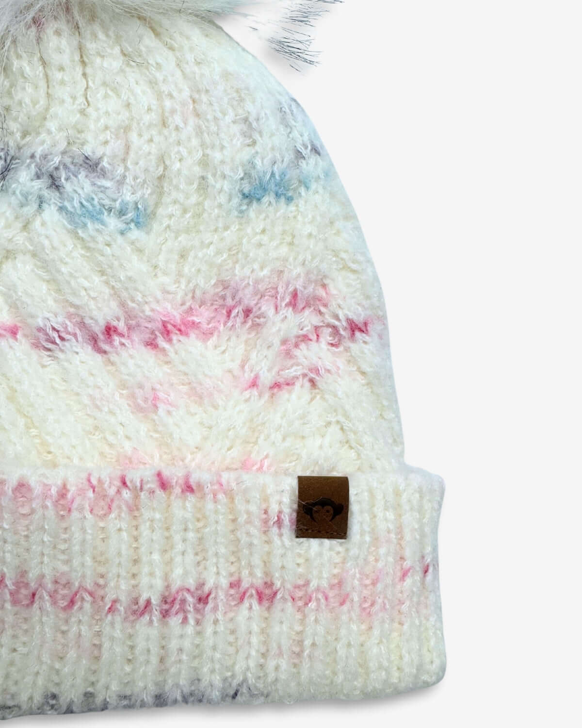 Rose Garden Willow Cable Knit Beanie showcasing colorful knit design with fluffy pom-pom for kids.