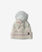 Rose Garden Willow Cable Knit Beanie featuring a soft white-and-pink design and fluffy pom-pom for kids.