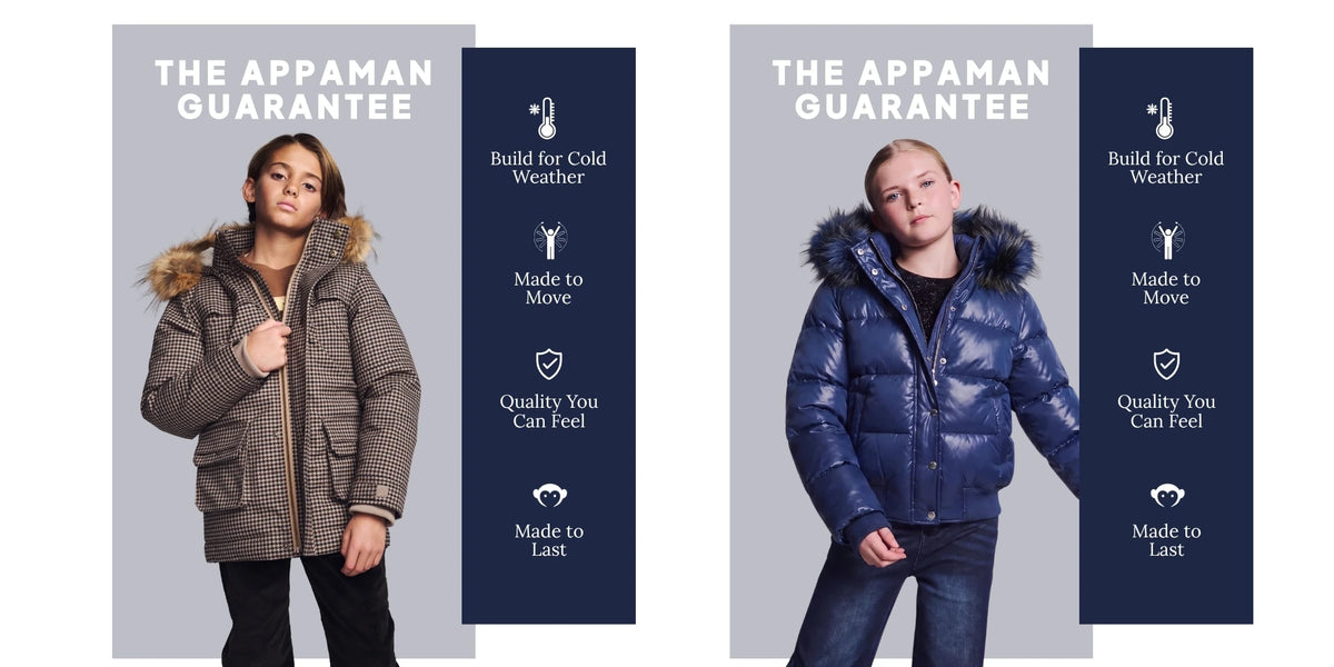Appaman Guarantee cold-weather feature callout graphic, desktop banner.
