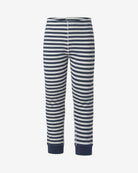 Navy Stripes 2-Piece Long Sleeve Pajama Set matching pants, featuring navy and white stripes, elastic waistband for comfort.