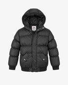Kids black hooded puffer jacket, flat front view