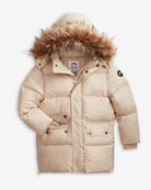 Ivory Expedition Puffer Coat featuring a luxe faux fur hood and practical pockets for everyday adventures.