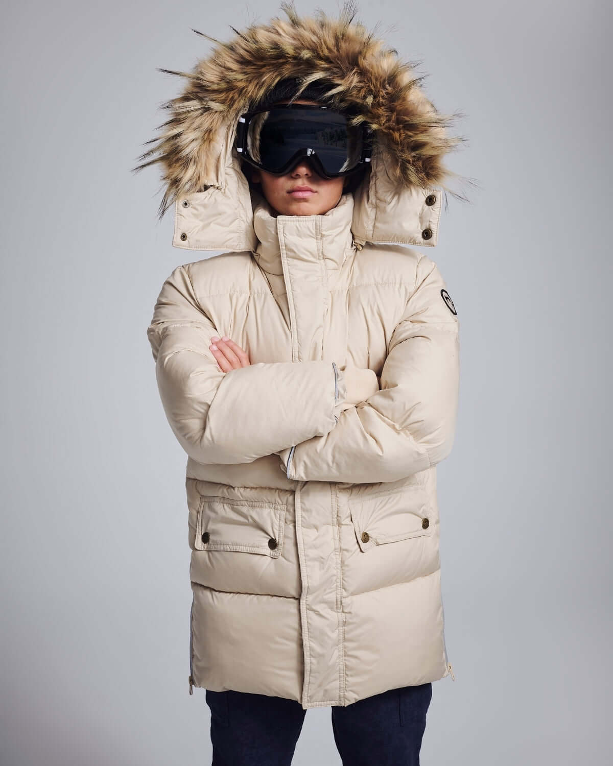 Ivory Expedition Puffer Coat with removable faux fur hood, perfect for winter adventures and maximum warmth.