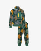 A two-piece fleece tracksuit featuring a zip-up jacket and matching jogger pants in a green, yellow, and gray argyle pattern, shown against a plain light gray background.