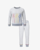 A children's two-piece knit pajama set featuring a light gray long-sleeve top with a colorful peace sign graphic and matching white pants with gray cuffs.