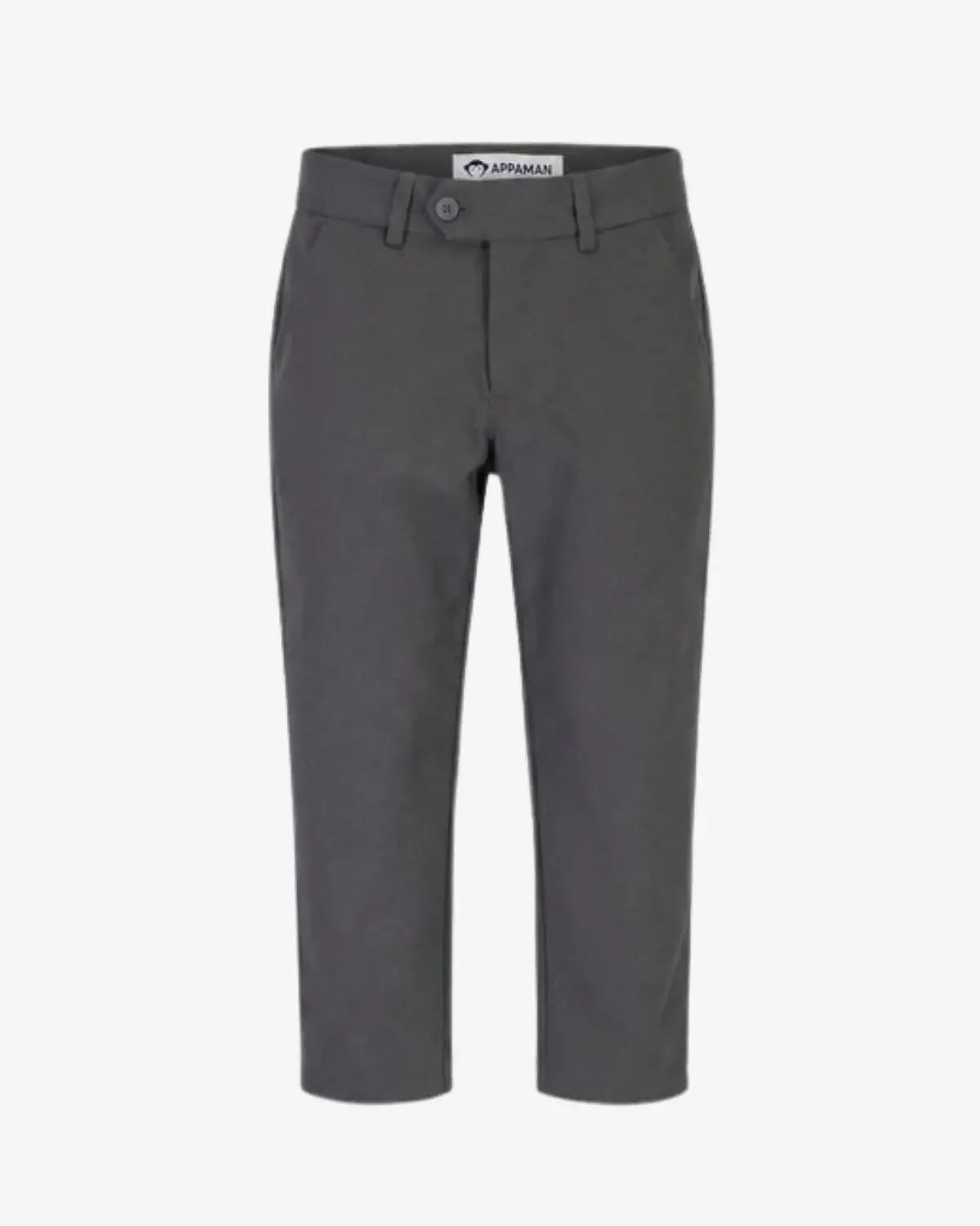 A pair of dark gray cropped trousers with a button closure and belt loops, shown flat against a light gray background. The brand label 'AIPRANCO' is visible at the waistband.
