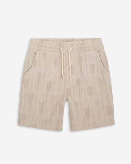 Surfboards Preston Shorts in Taupe with vibrant surfboard pattern for stylish beach days.