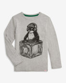Cool DJ Penguin graphic long sleeve tee in heather mist for stylish kids—perfect for back to school fun!
