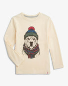 Kids' ivory long sleeve tee featuring a stylish dog in a colorful winter hat and scarf—fun and cozy for school days!