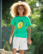 Playful boy in a green Lemon Aid tee with Lenny the Lemon, perfect for stylish kids clothes, high quality back to school wear.