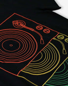Cool graphic of turntables on a black tee, stylish kids' clothes for music lovers, high quality and fun!