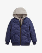 Navy Blue BX Bomber jacket with cozy grey hood, perfect for stylish kids' back-to-school looks.