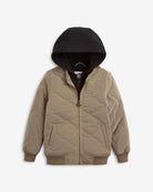 Stylish Warm Grey BX Bomber Jacket with black hood, ideal for trendy kids braving the elements. Perfect for back-to-school fun!