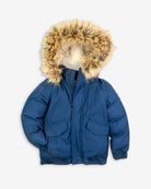 Cozy Classic Blue City Transit Coat with faux fur hood—stylish warmth for kids' winter adventures!