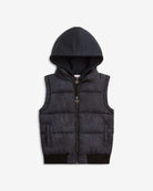 Stylish washed black vest jacket with a cozy hood, perfect for kids' casual adventures and back-to-school wear.